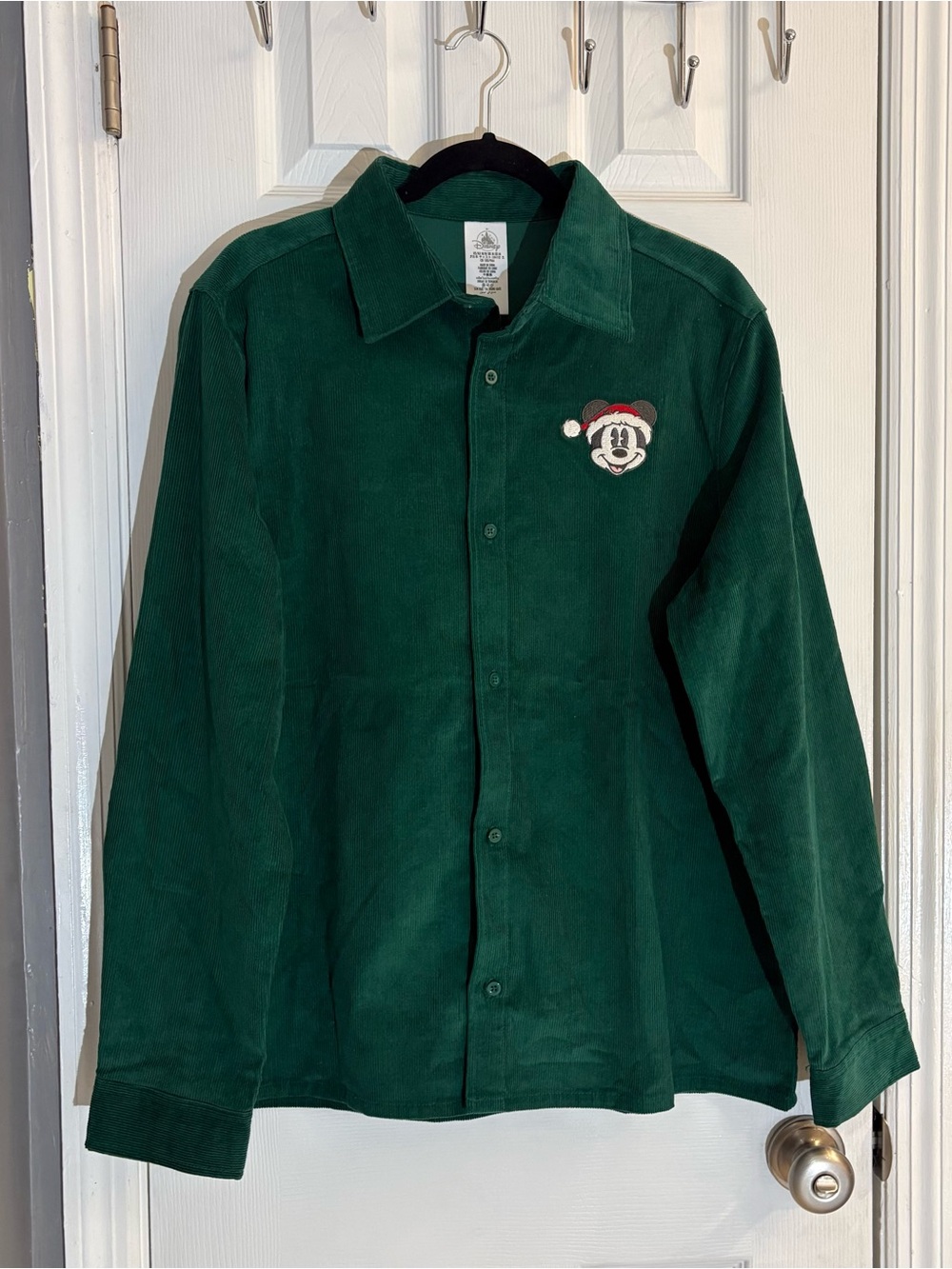 Disney VTG Mickey Mouse Santa Christmas Green Corduroy Button Up Shirt Medium.
